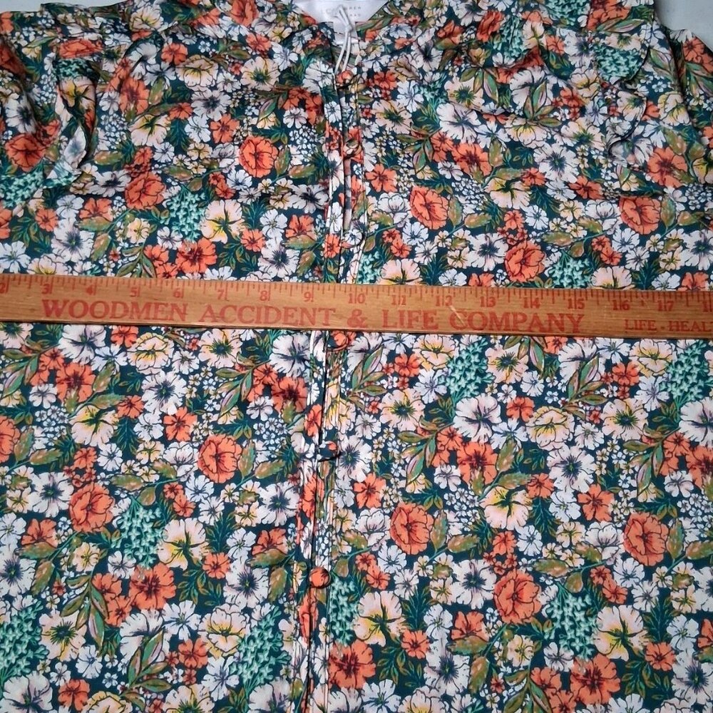Lauren Conrad Blouse Small Green Peach Floral Button Front Ruffle Country Flower - Picture 9 of 16
